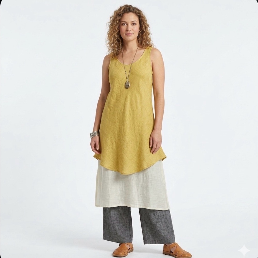 FLAX Linen Women’s Mustard Sleeveless Lagenlook Gauzy Coastal Dress Sz S